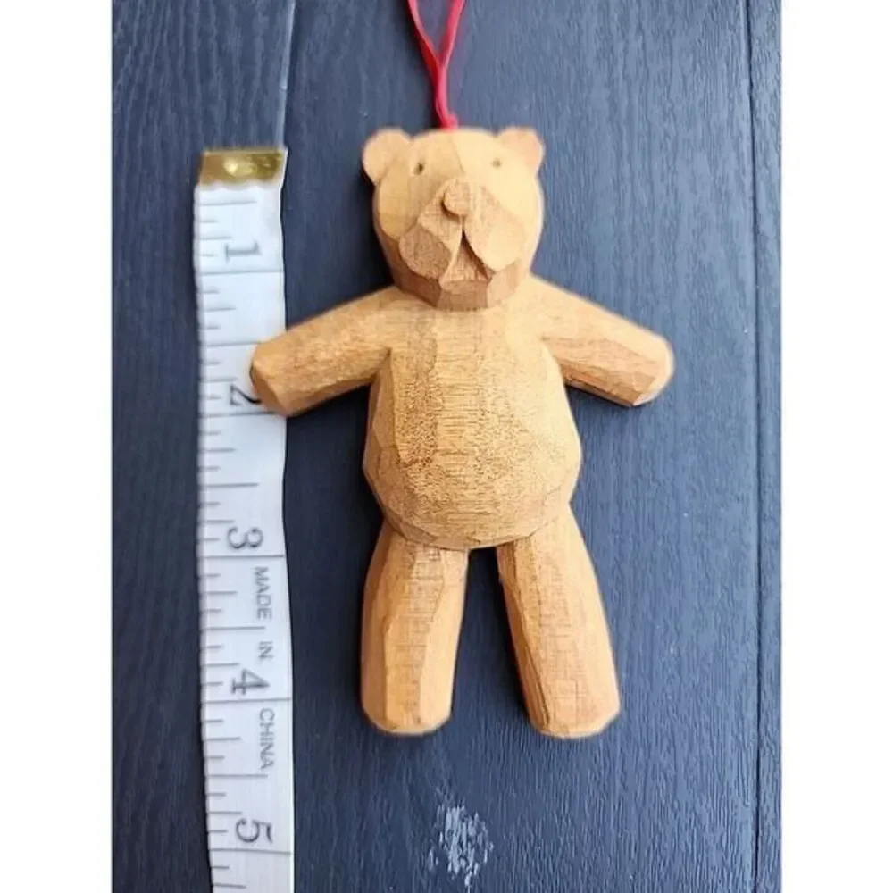 Quality Carved Wooden‎ Teddy Bear Christmas Ornament Red Ribbon